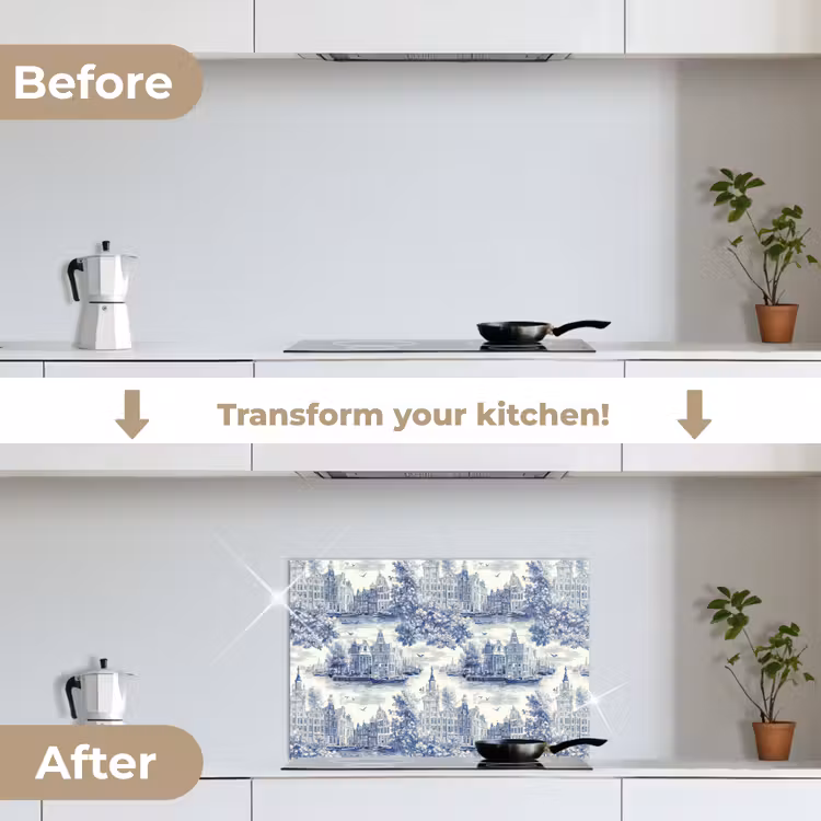 Kitchen splashback for hob - Houses - Trees - Water - Birds - Blue — 7