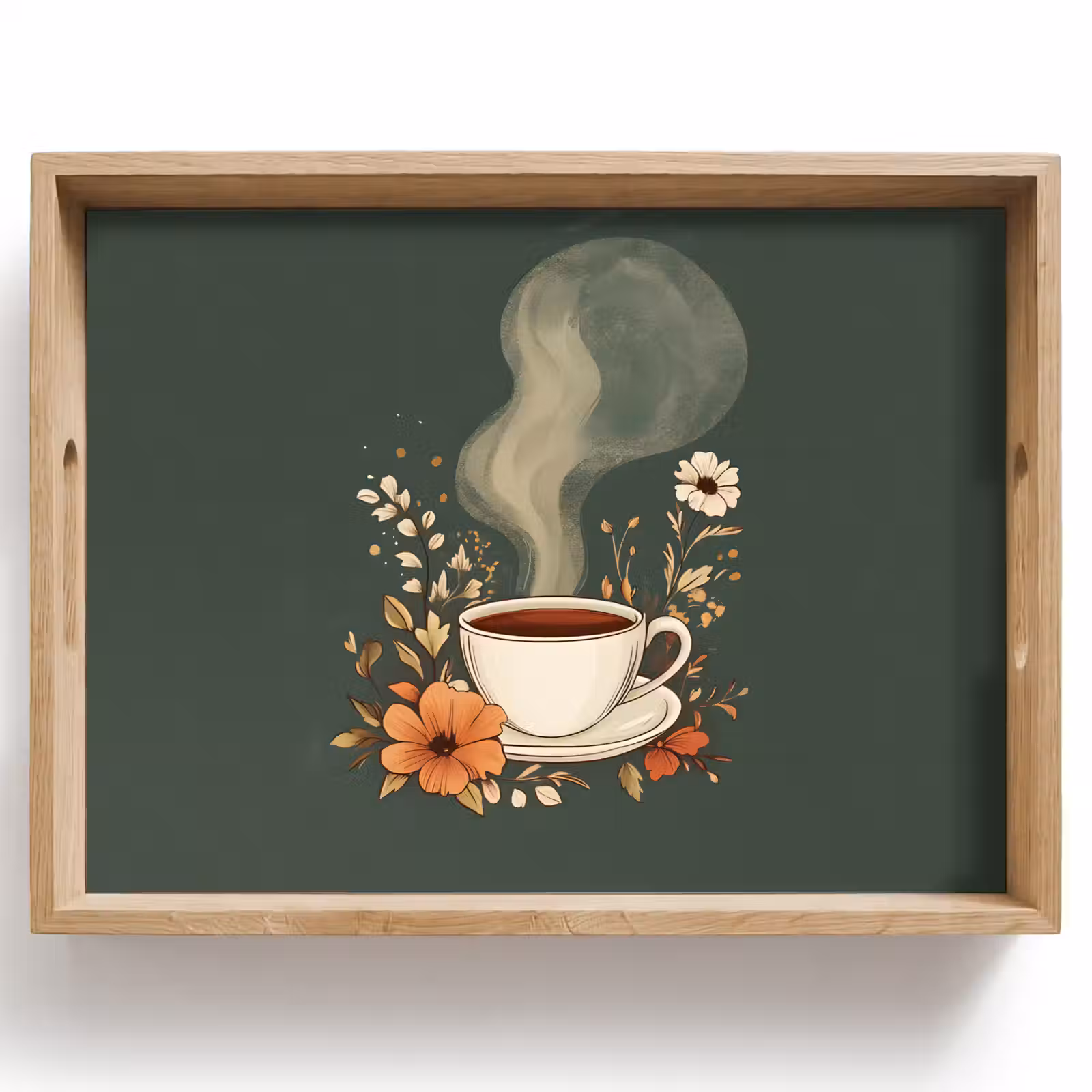 Tray - Cup - Flowers - Green - Coffee — 1