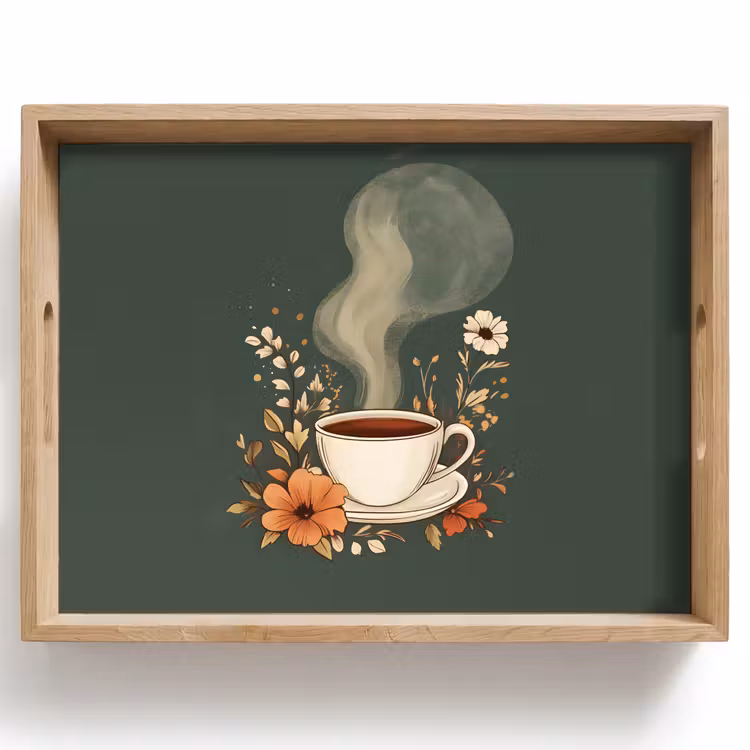 Tray - Cup - Flowers - Green - Coffee — 1