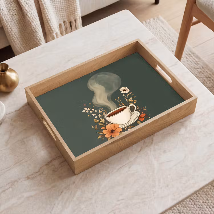 Tray - Cup - Flowers - Green - Coffee — 2