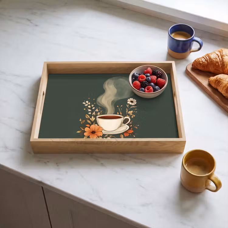 Tray - Cup - Flowers - Green - Coffee — 3