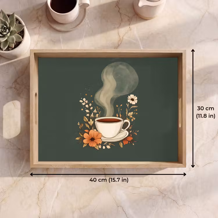 Tray - Cup - Flowers - Green - Coffee — 7