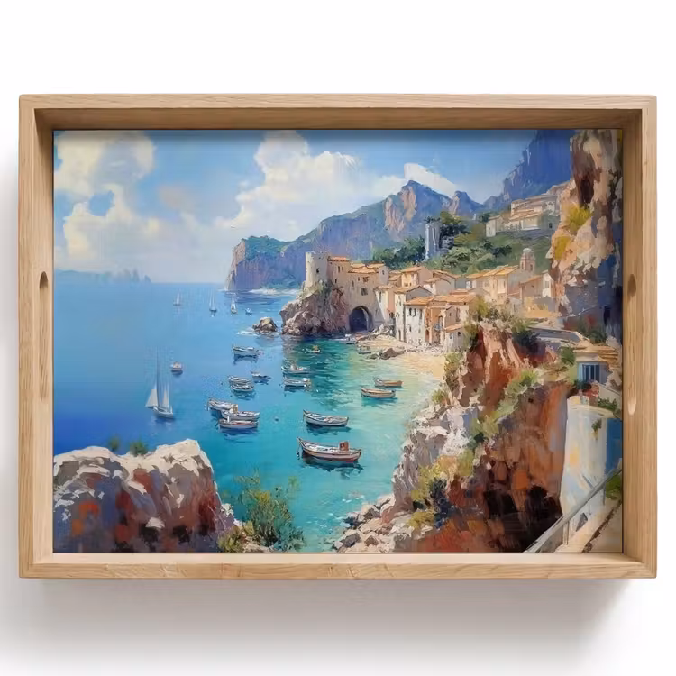 Tray - Coastal village - Painting - Rocks - Boats — 1