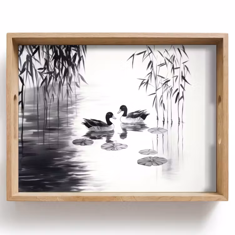 Tray - Ducks - Water lilies - Cane - Black — 1