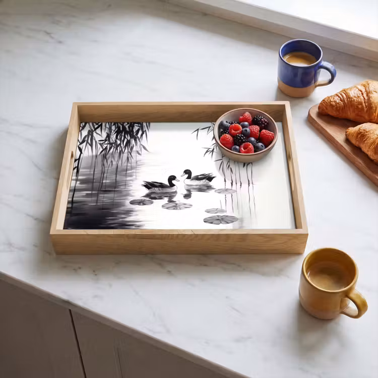 Tray - Ducks - Water lilies - Cane - Black — 3