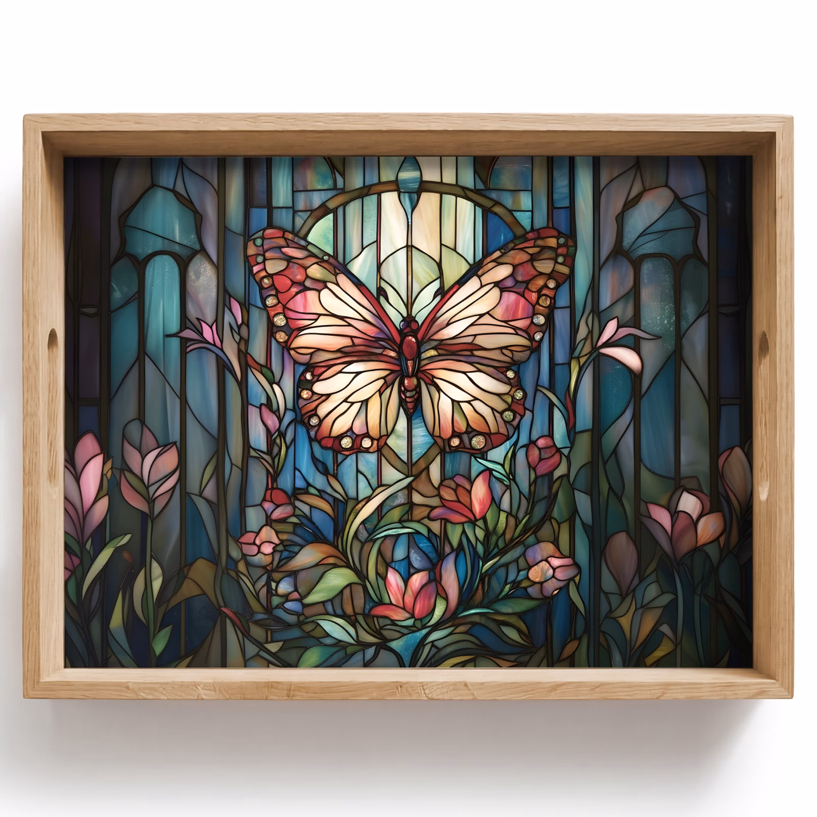 Tray - Butterfly - Pink - Flowers - Leaves — 1