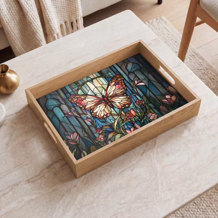Tray - Butterfly - Pink - Flowers - Leaves — 2