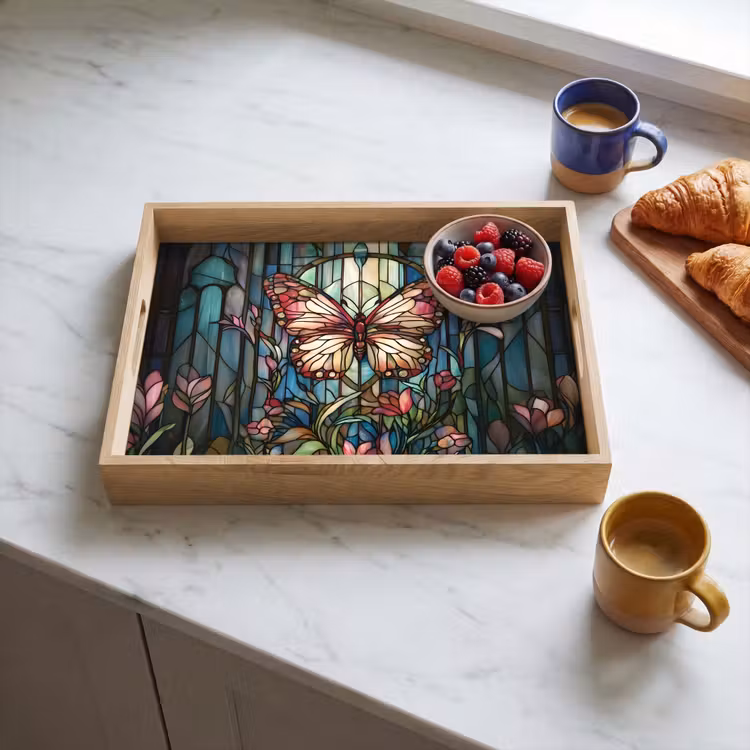 Tray - Butterfly - Pink - Flowers - Leaves — 3