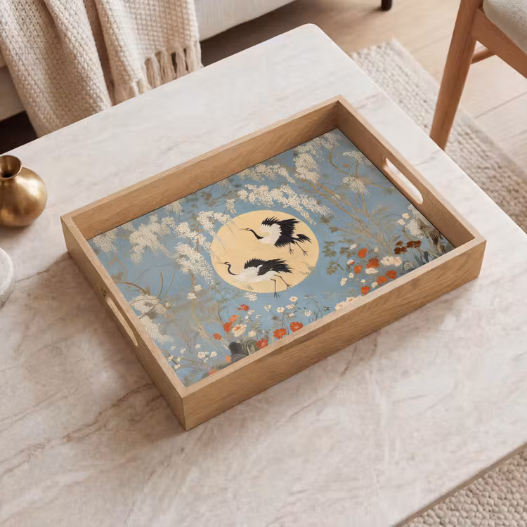 Tray - Cranes - Moon - Flowers - Blue — 2