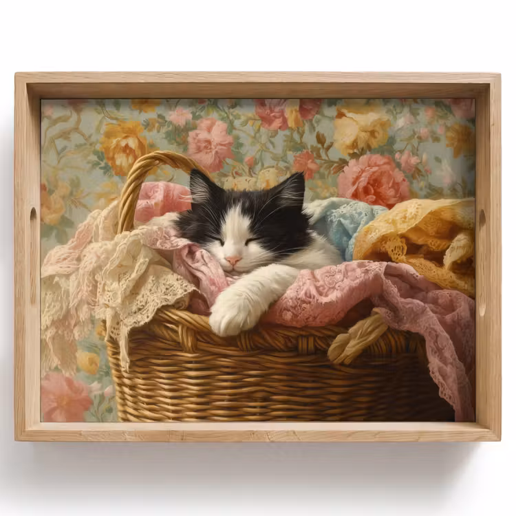 Tray - Cat - Floral print - Wicker basket — 1