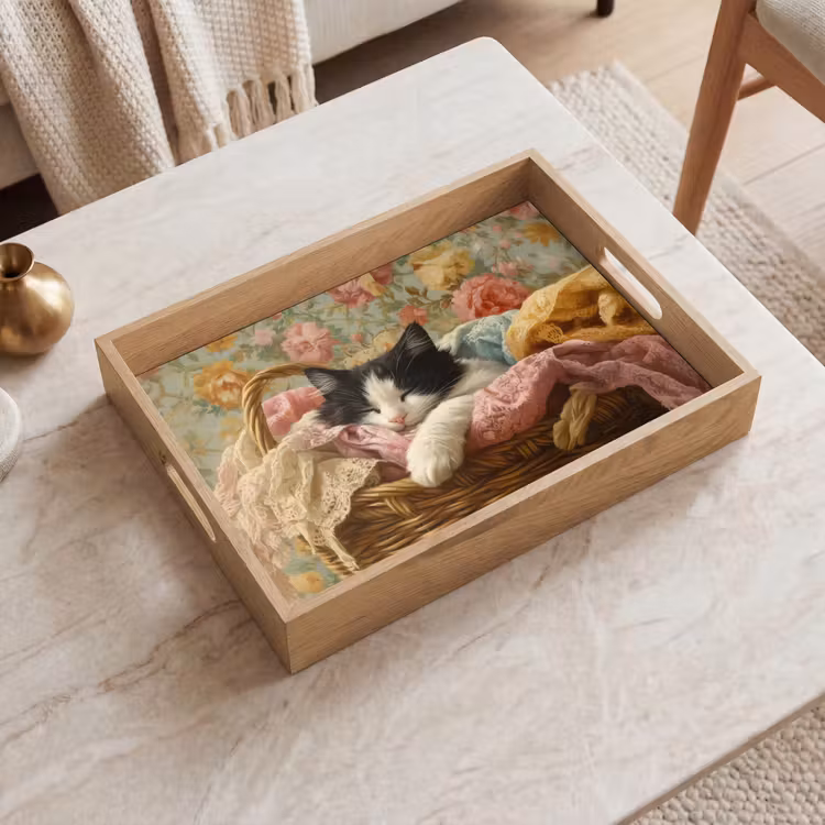 Tray - Cat - Floral print - Wicker basket — 2