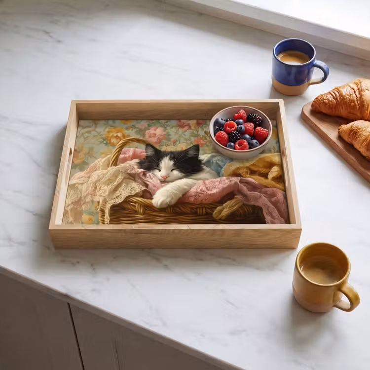 Tray - Cat - Floral print - Wicker basket — 3