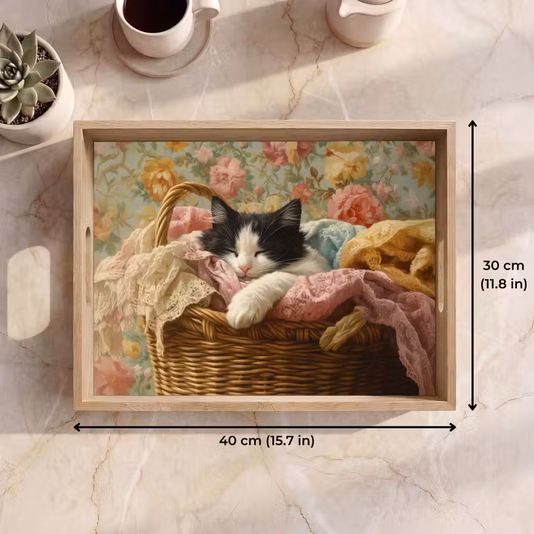 Tray - Cat - Floral print - Wicker basket — 7