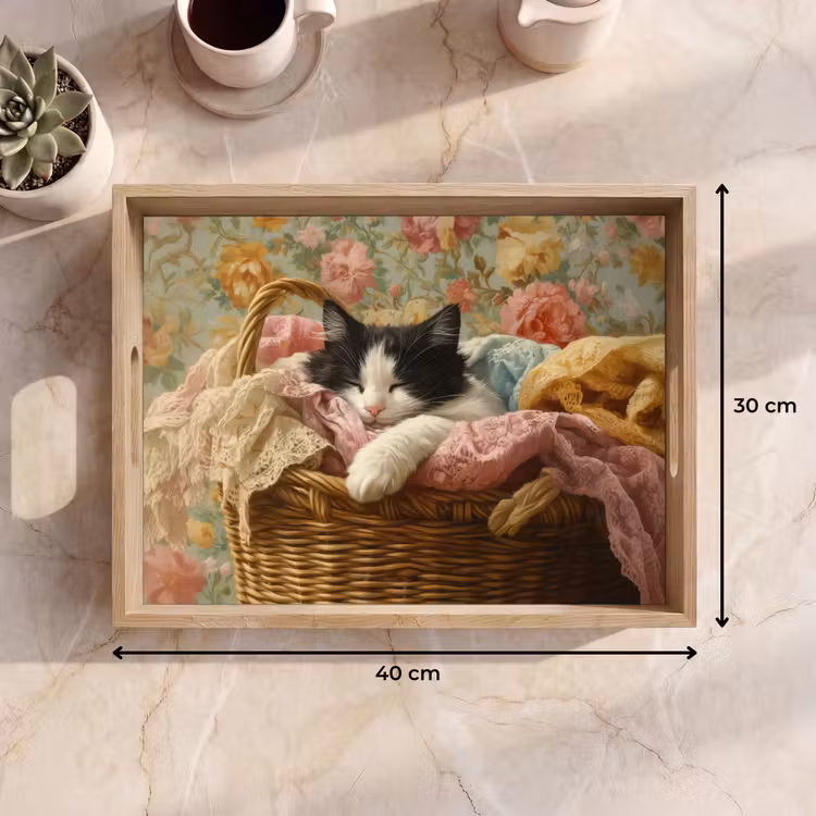 Tray - Cat - Floral print - Wicker basket — 8
