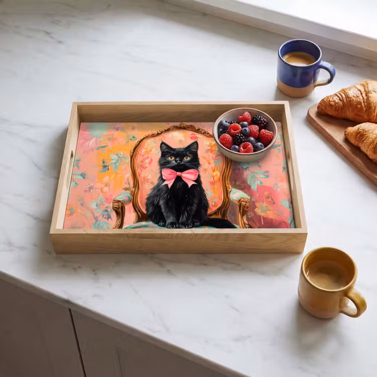 Tray - Cat - Pink - Chair with floral design — 3