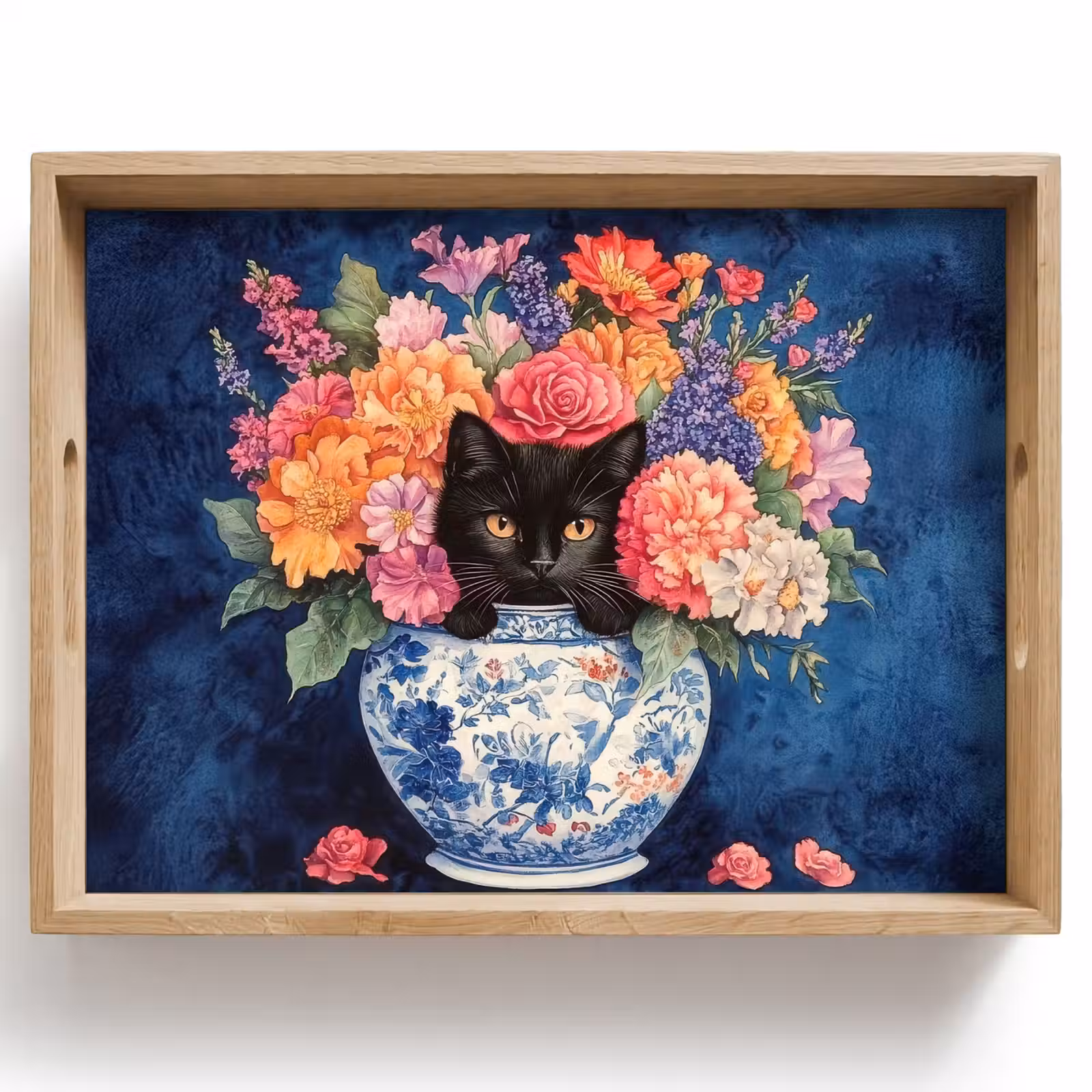 Tray - Cat - Brightly colored flowers - Vase — 1