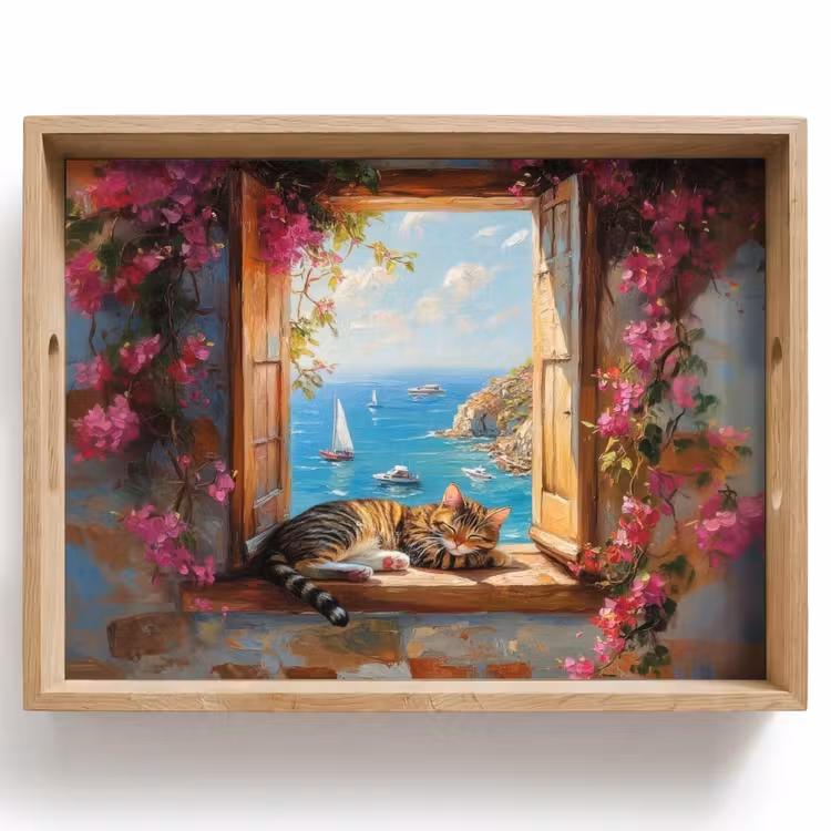 Tray - Cat - Blue sea - Pink flowers — 1