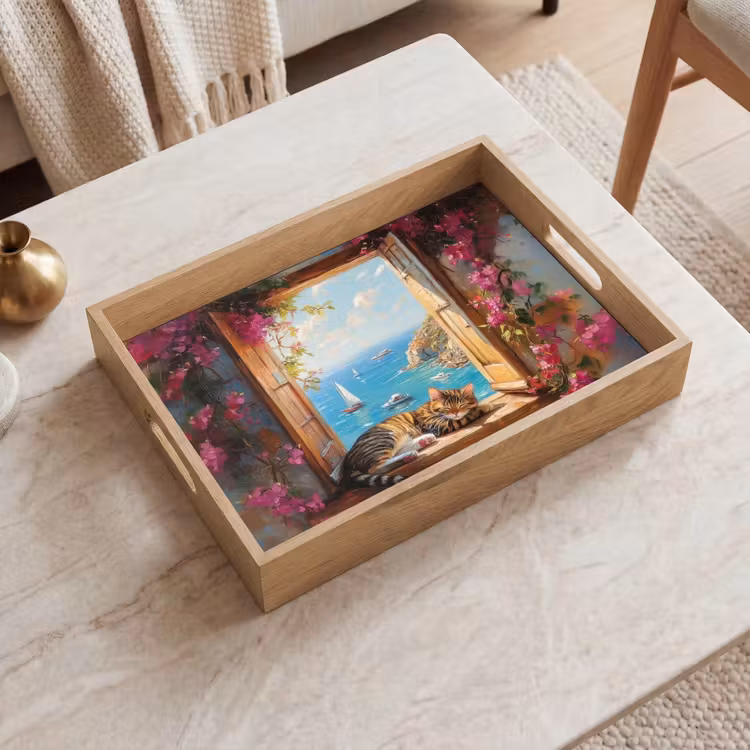 Tray - Cat - Blue sea - Pink flowers — 2