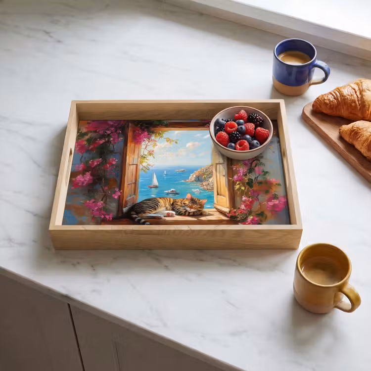 Tray - Cat - Blue sea - Pink flowers — 3