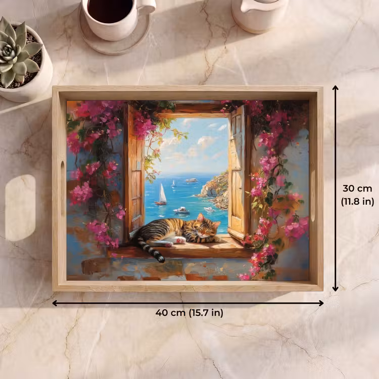 Tray - Cat - Blue sea - Pink flowers — 7