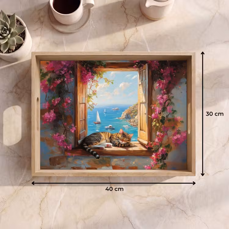 Tray - Cat - Blue sea - Pink flowers — 8