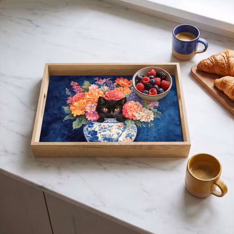 Tray - Cat - Brightly colored flowers - Vase — 3