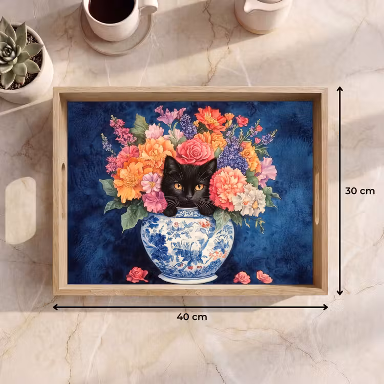 Tray - Cat - Brightly colored flowers - Vase — 8