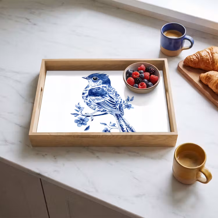 Tray - Bird - Delft blue - Illustration - Flowers — 3