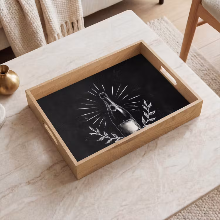 Tray - Champagne bottle - Laurel branches - Black background — 2