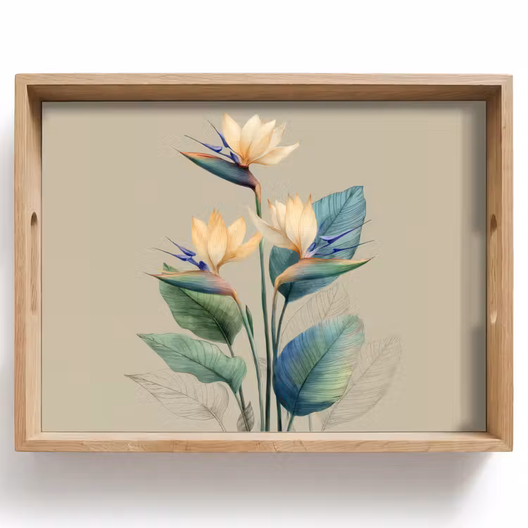 Tray - Bird of paradise flowers - Blue-green leaves - Beige — 1