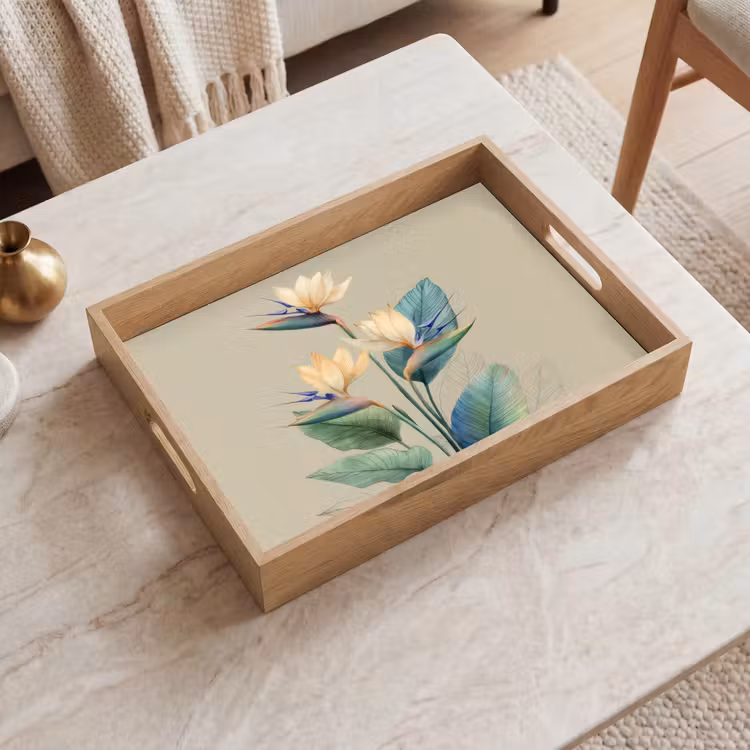 Tray - Bird of paradise flowers - Blue-green leaves - Beige — 2