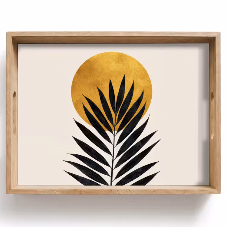 Tray - Black palm leaf - Golden circle - Beige background — 1