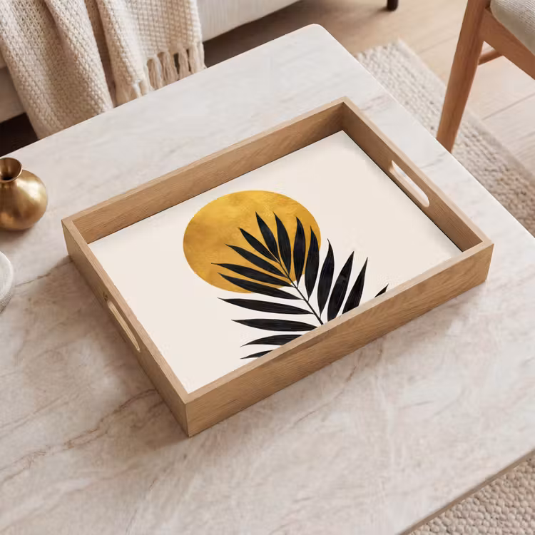 Tray - Black palm leaf - Golden circle - Beige background — 2