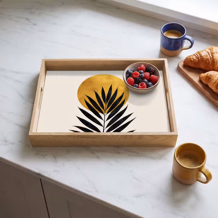 Tray - Black palm leaf - Golden circle - Beige background — 3