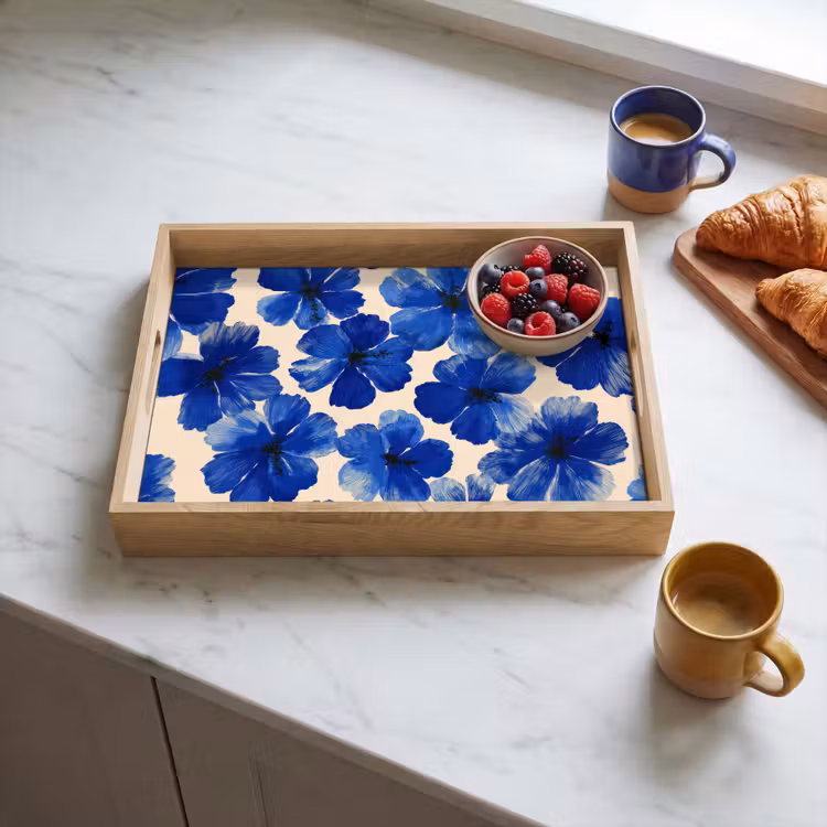 Tray - Flowers - Blue -Patterned - White — 3