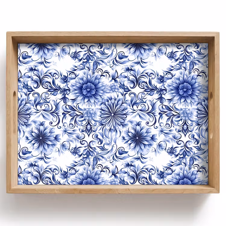 Tray - Flowers - Blue - Pattern - White — 1