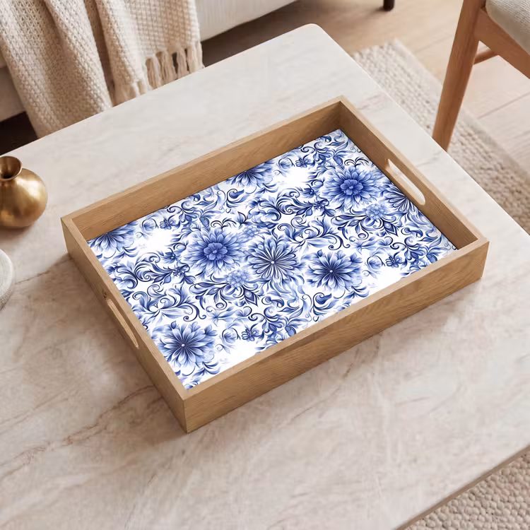 Tray - Flowers - Blue - Pattern - White — 2