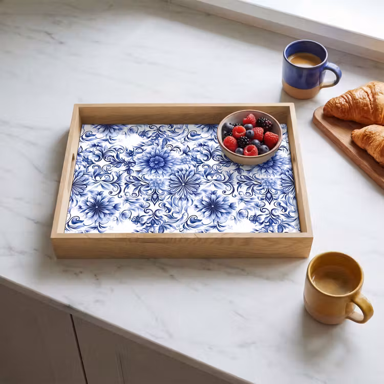 Tray - Flowers - Blue - Pattern - White — 3