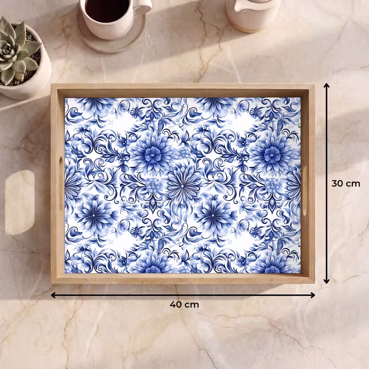 Tray - Flowers - Blue - Pattern - White — 8