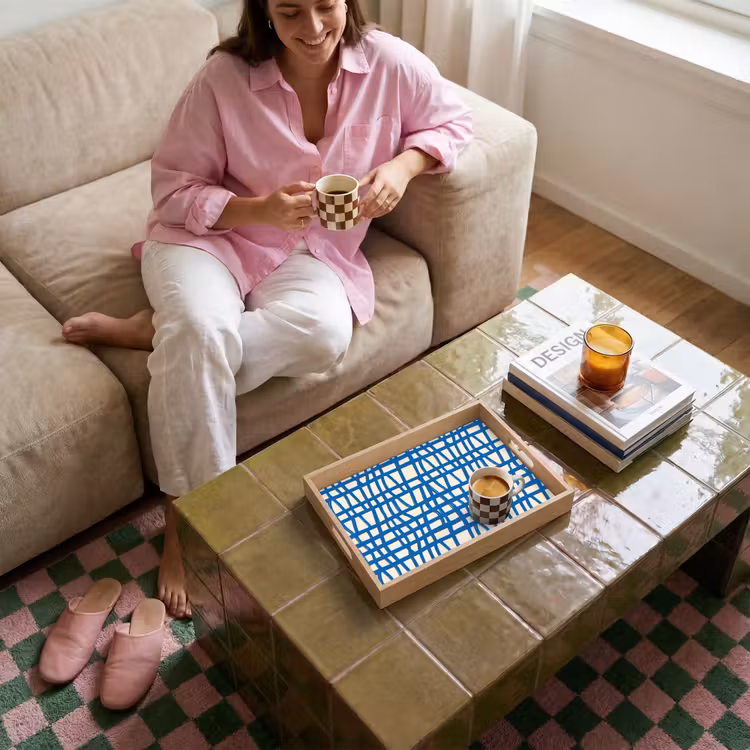 Tray - Checkered pattern - Blue - Cream — 4