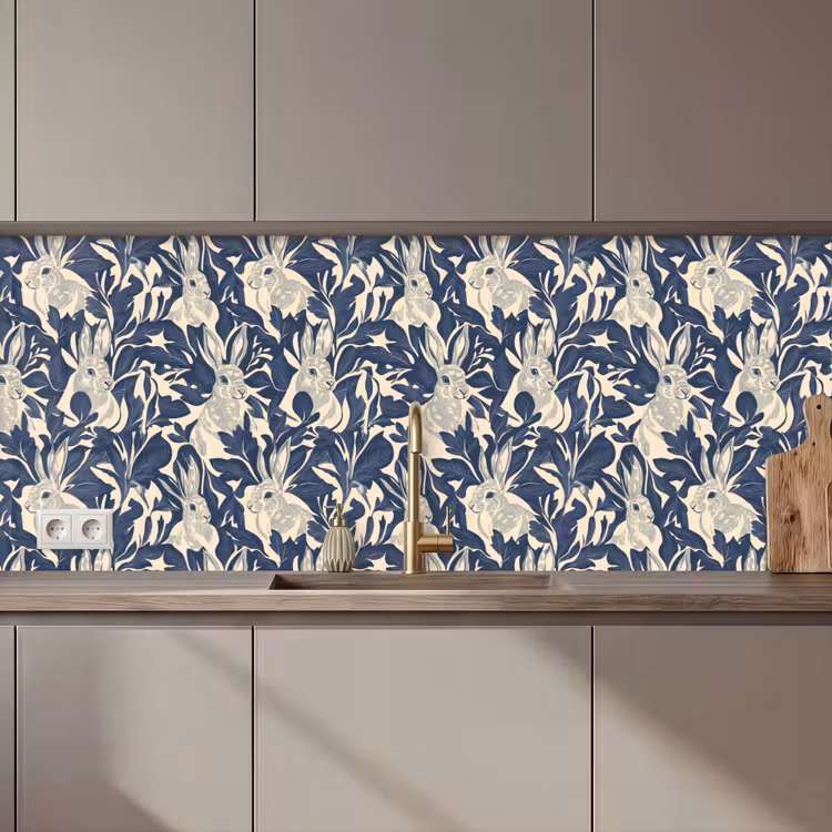 Kitchen splashback - Hares - Leaves - Pattern - Blue - Beige — 1