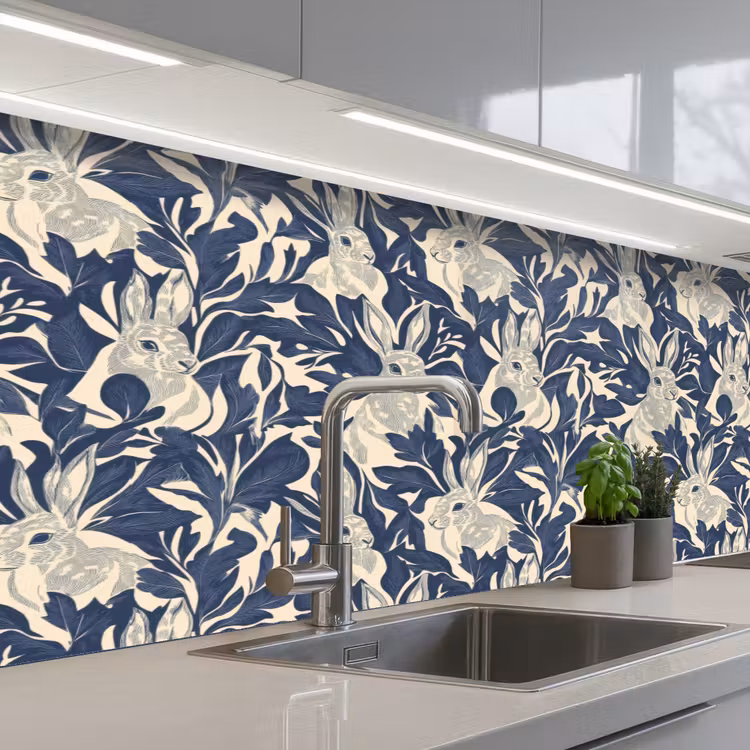 Kitchen splashback - Hares - Leaves - Pattern - Blue - Beige — 2