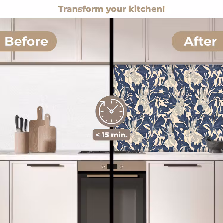Kitchen splashback - Hares - Leaves - Pattern - Blue - Beige — 3