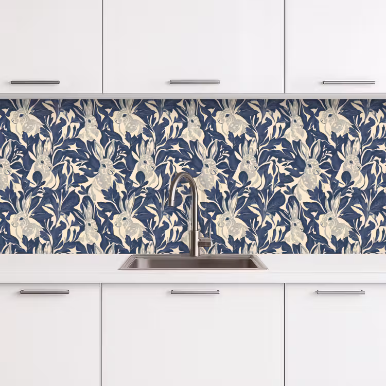 Kitchen splashback - Hares - Leaves - Pattern - Blue - Beige — 4