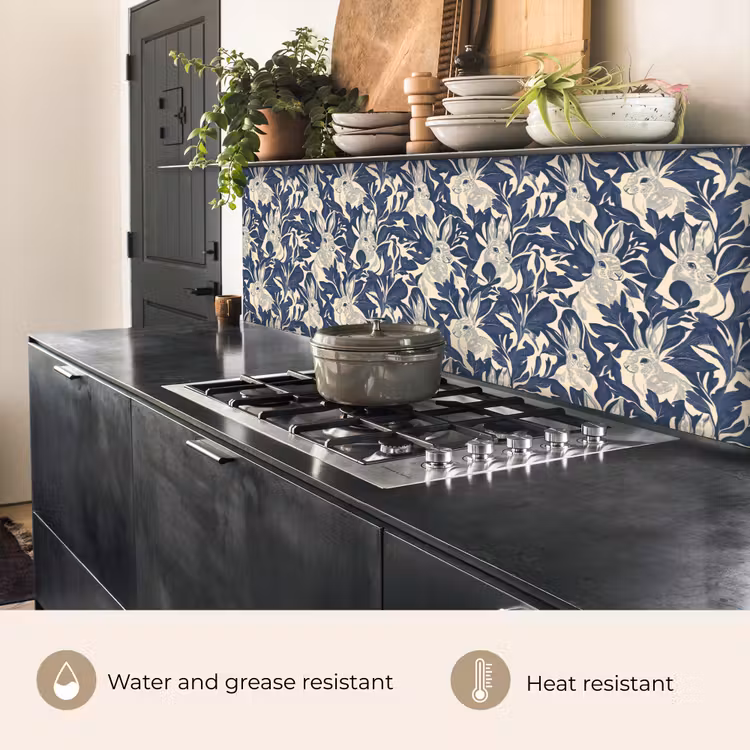 Kitchen splashback - Hares - Leaves - Pattern - Blue - Beige — 5