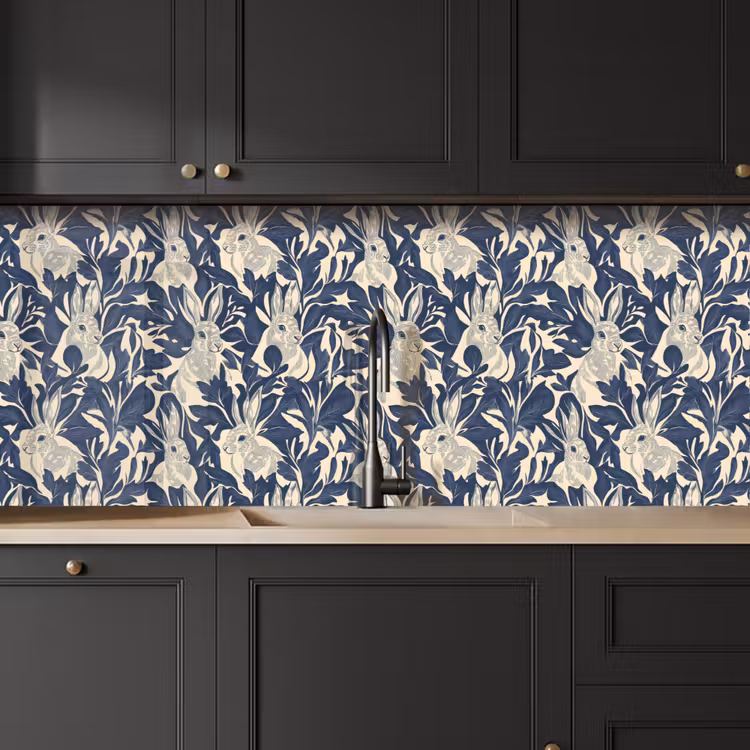 Kitchen splashback - Hares - Leaves - Pattern - Blue - Beige — 6