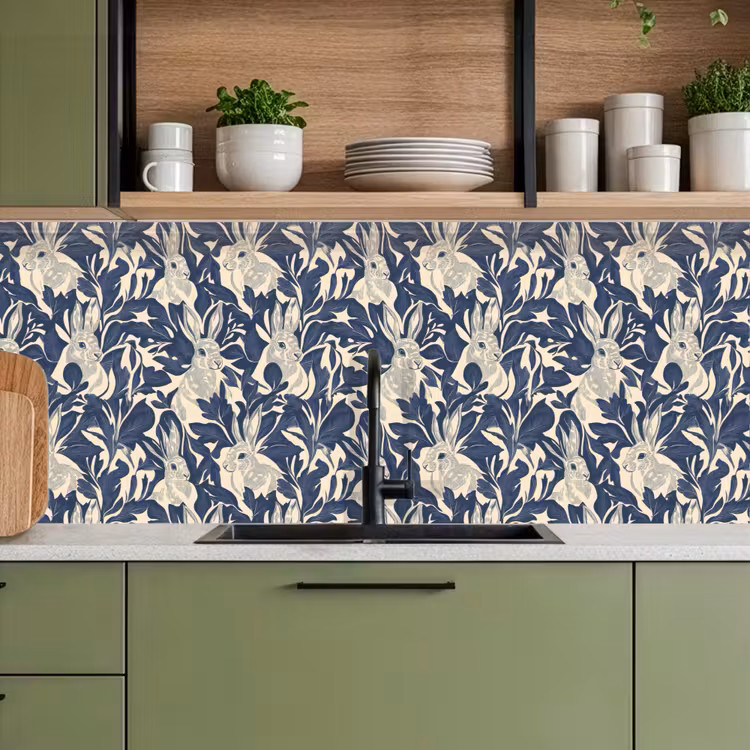 Kitchen splashback - Hares - Leaves - Pattern - Blue - Beige — 8