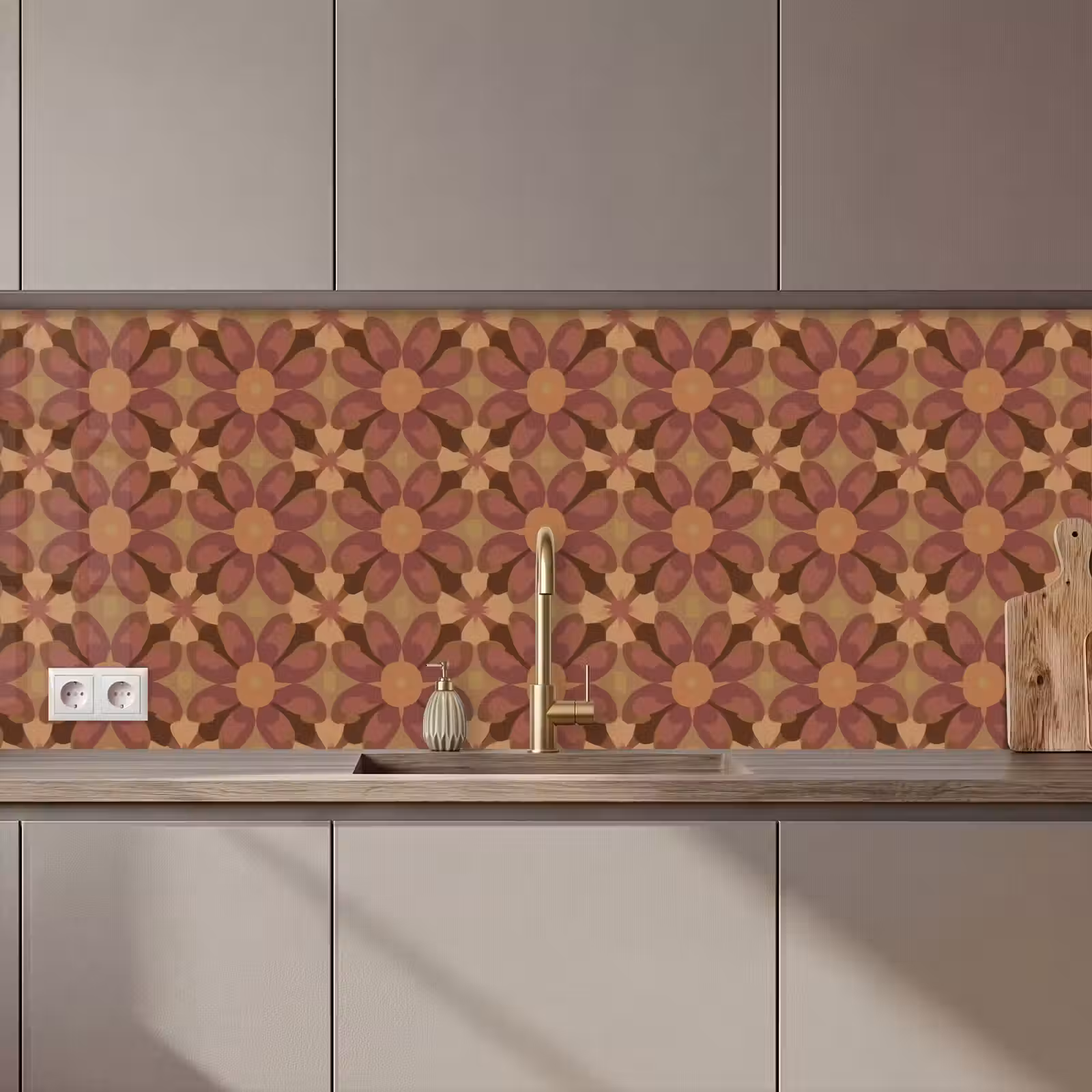Kitchen splashback - Retro - Flowers - Brown — 1