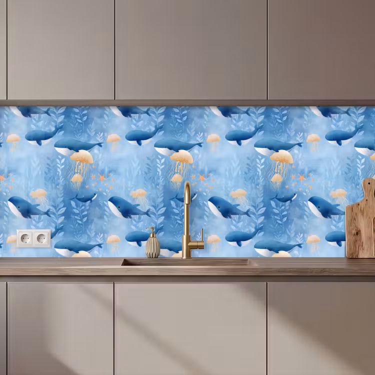 Kitchen splashback - Whales - Ocean - Blue — 1