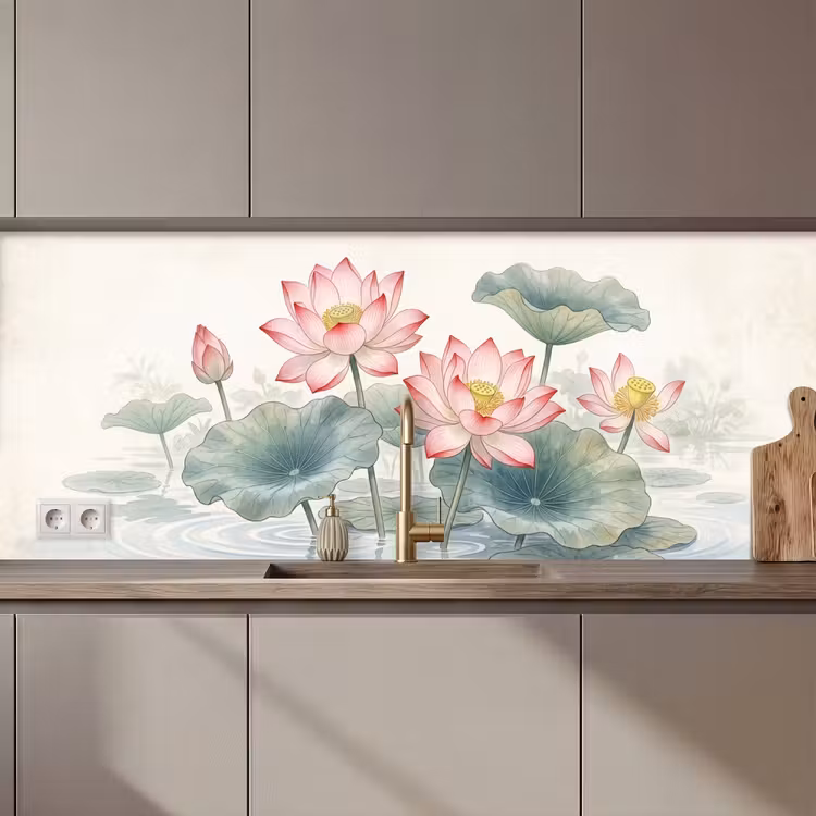 Kitchen splashback - Watercolor - Lotus flowers - Colorful — 1